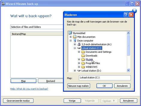 Aangeven in FBackup welke bestanden u wilt backuppen