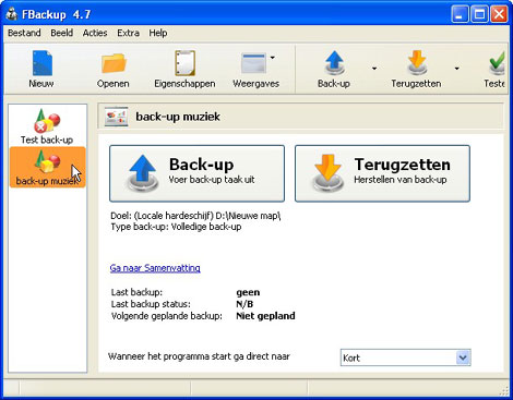 Back-uptaken worden weergegeven in hoofdvenster FBackup