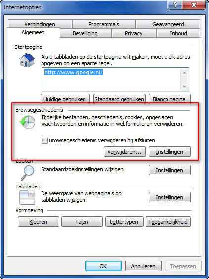 tabblad Algemeen in venster Internetopties