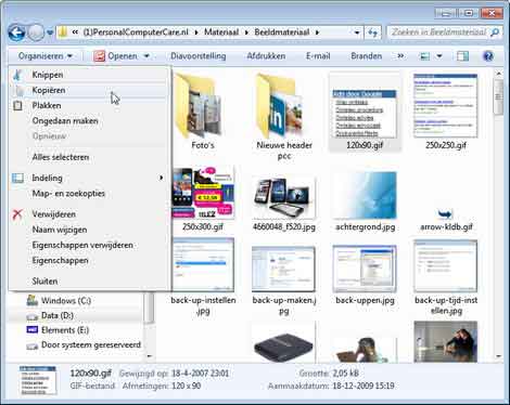 opdrachten kopieren en plakken onder knop organiseren in windows 7 en windows vista