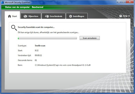 scannen op virussen door microsoft security essentials