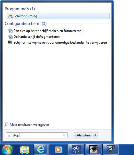 schijfopruiming via zoekvak menu start windows 7