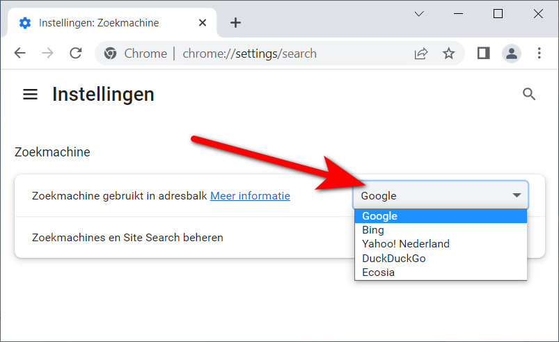 In Google Chrome Google instellen als standaard zoekmachine