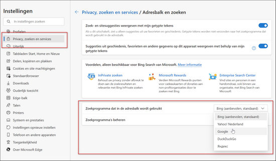 zoekmachine instellen in Microsoft Edge
