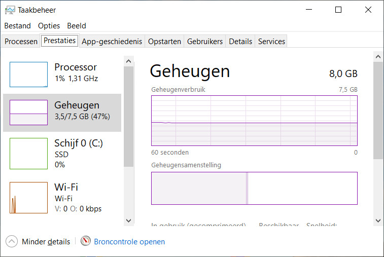 met taakbeheer bekijken of er voldoende intern geheugen beschikbaar is