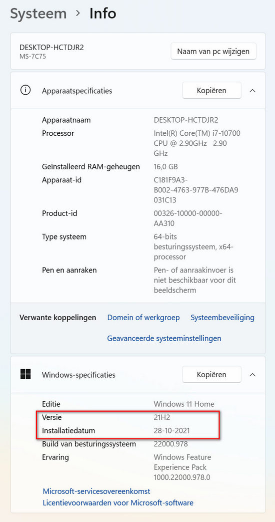 Info geeft meer informatie of de versie van Windows op je computer